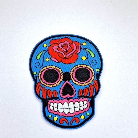 Blue red and pink sugar skulls iron on patch dia de los muertos diy wearable art - Picture 1 of 3